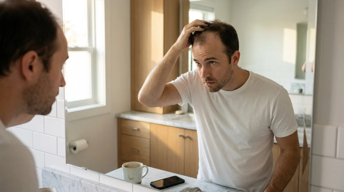 Man experiencing hair thinning examining his scalp in mirror with visible stress indicators