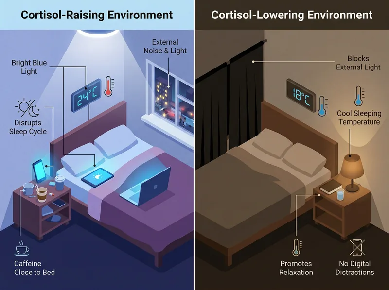 Visual guide showing optimal bedroom environment and sleep hygiene practices for cortisol regulation