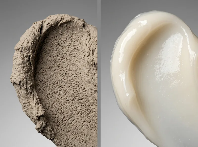 Close-up texture comparison of matte clay versus pomade showing different finishes