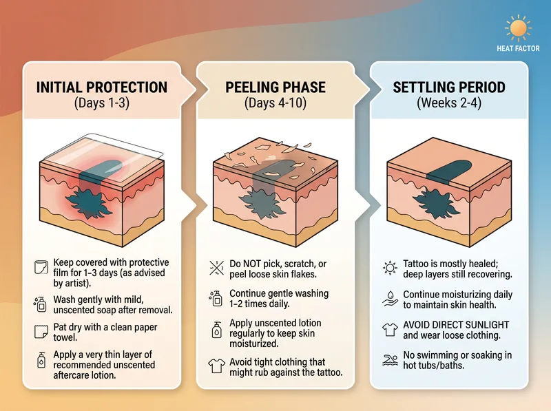 Infographic showing three stages of tattoo healing in hot climate conditions