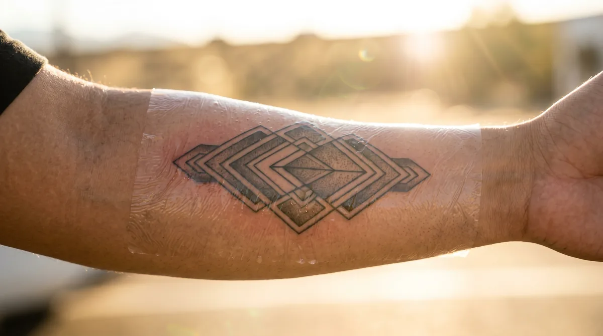 Close-up of fresh tattoo on forearm with protective film in bright sunlight with heat haze visible