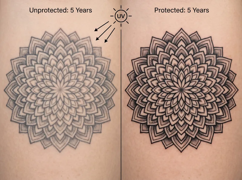 Comparison showing faded tattoo from sun exposure versus protected tattoo with vibrant color