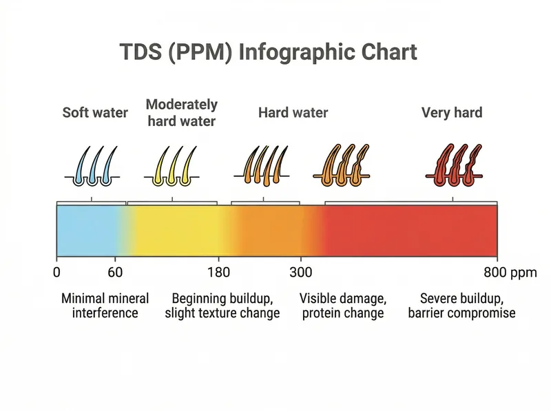 Infographic chart showing TDS levels from 0-800 ppm with corresponding hair and scalp effects at each threshold