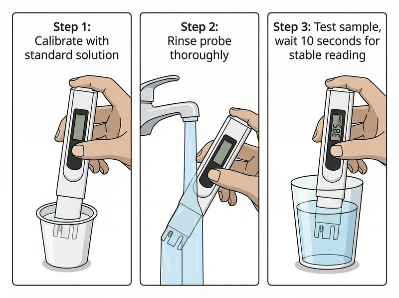 Step-by-step visual guide showing proper TDS meter calibration and water testing technique