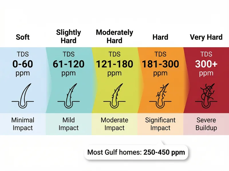 Infographic showing water hardness scale from soft to very hard with TDS ranges and hair impact indicators