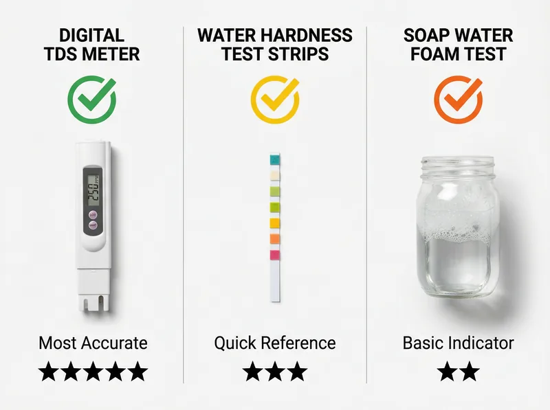 Comparison of three water hardness testing methods showing TDS meter, test strips, and soap test side by side