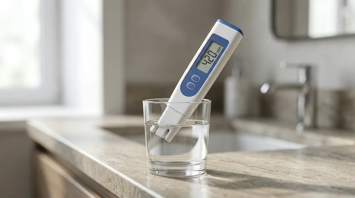 TDS meter displaying water hardness reading next to a glass of tap water on a bathroom counter