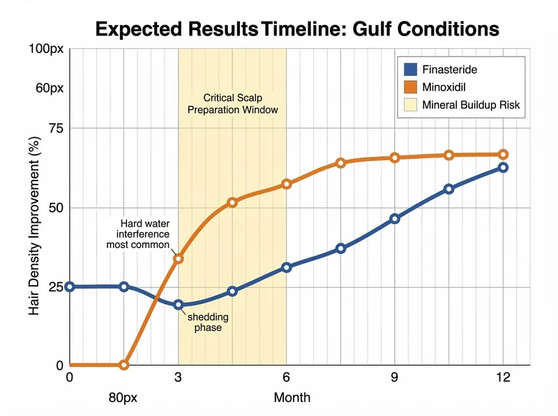 Timeline chart showing realistic hair regrowth expectations for finasteride and minoxidil over 12 months in Gulf conditions