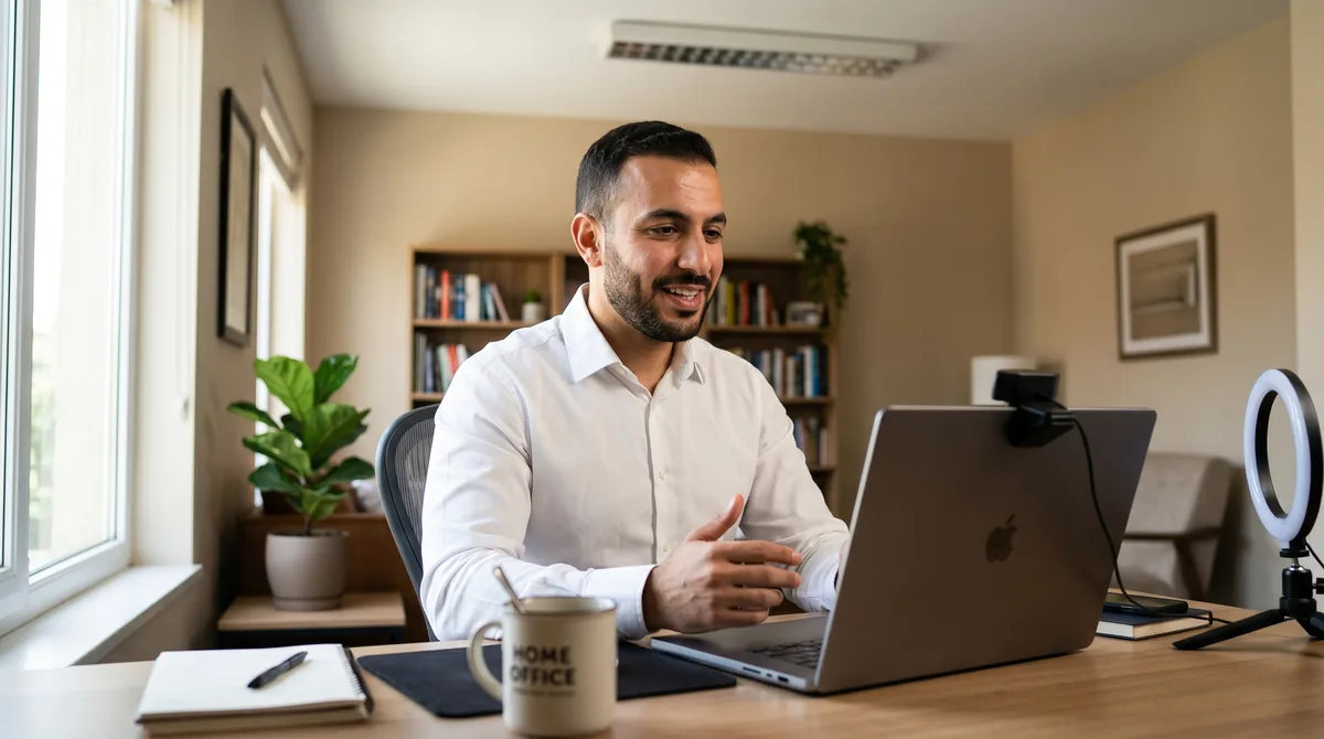 Man sitting at desk during video call with laptop webcam, natural window lighting from side, professional home office setup