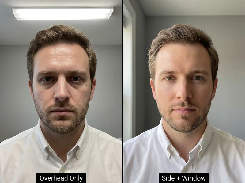 Side-by-side comparison showing same man's face under overhead lighting versus side window lighting during video call