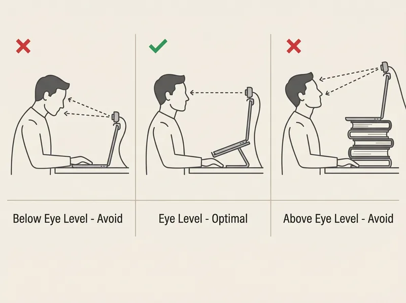 Diagram showing optimal webcam positioning at eye level versus common mistakes of too low or too high camera angles
