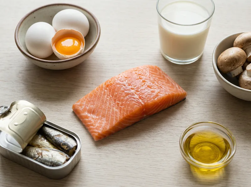 Vitamin D-rich foods arranged on a table including fatty fish, eggs, and fortified products