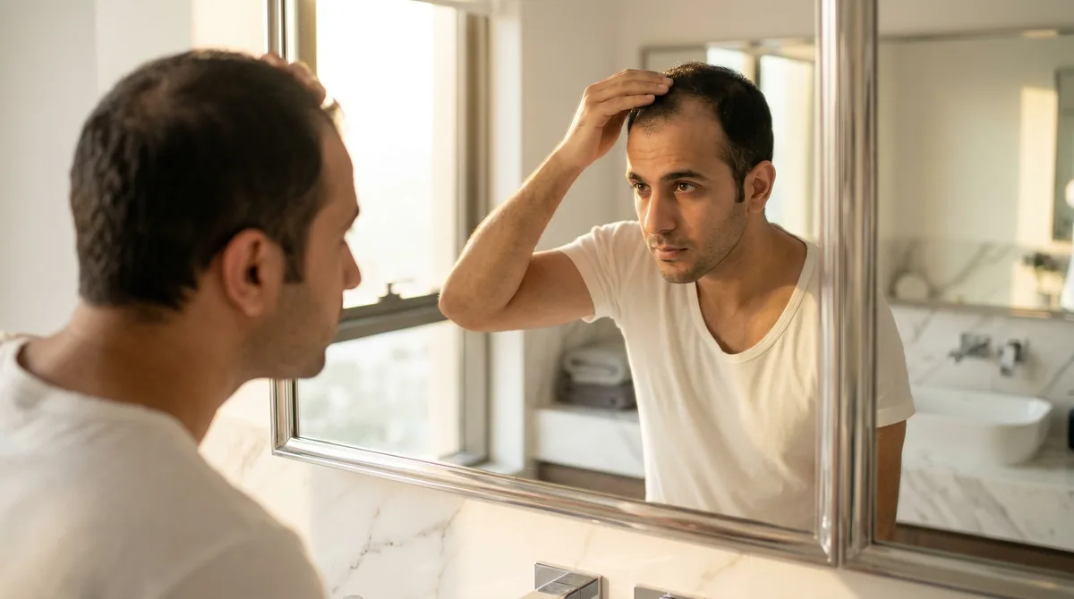Man examining thinning hairline in mirror with sunlight streaming through window