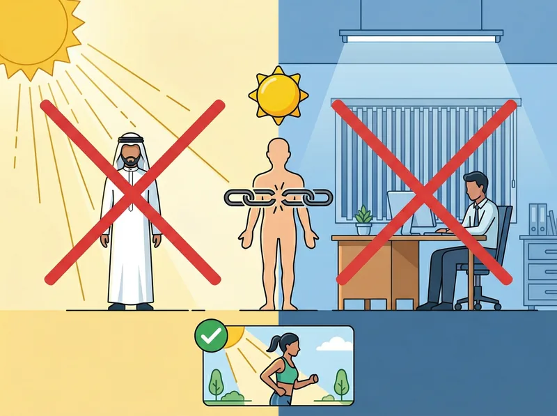 Infographic showing vitamin D synthesis blocked by indoor lifestyle and covered skin despite abundant sunshine