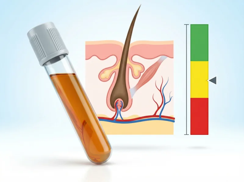 Blood test vial with vitamin D level ranges and hair follicle health indicators