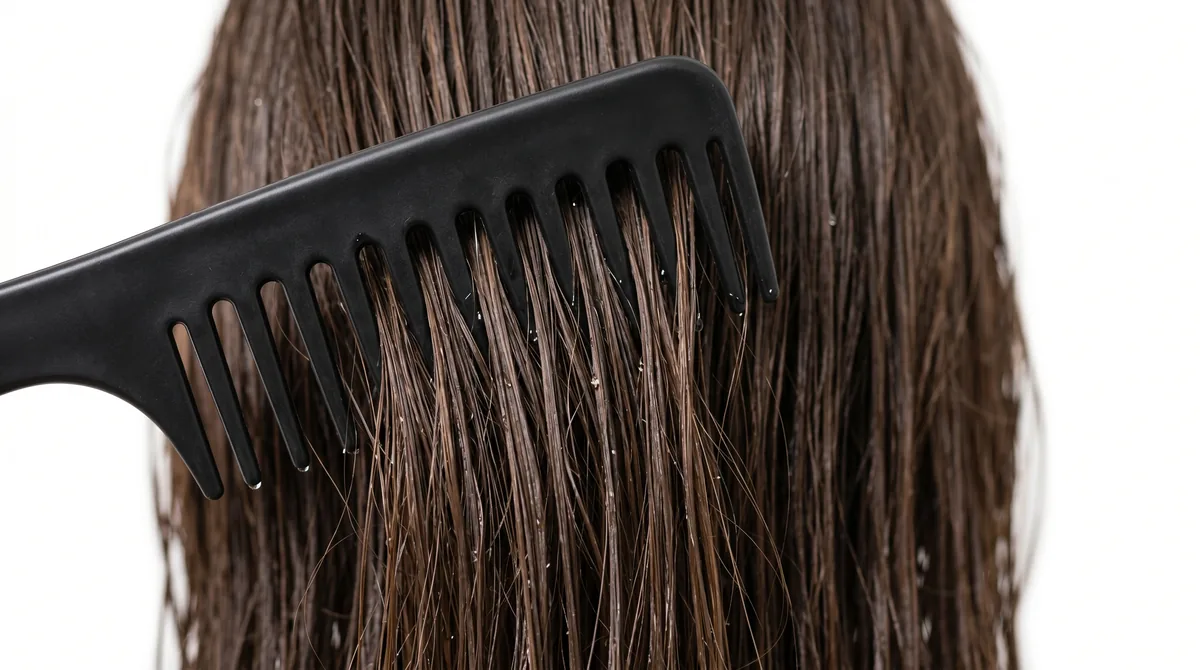 Close-up of a wide-tooth comb moving through wet dark hair with water droplets, showing hair strands under tension