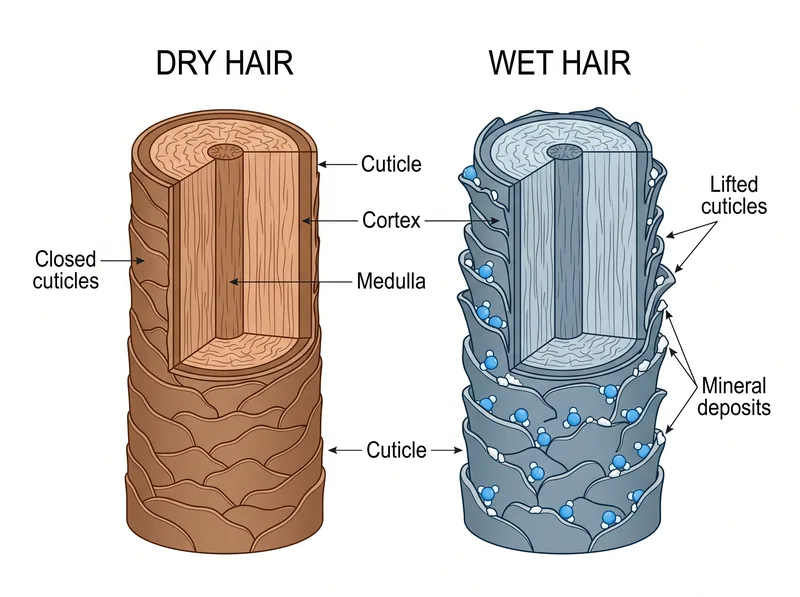 Scientific diagram showing hair cuticle structure when dry versus wet, with lifted cuticle scales and mineral deposits
