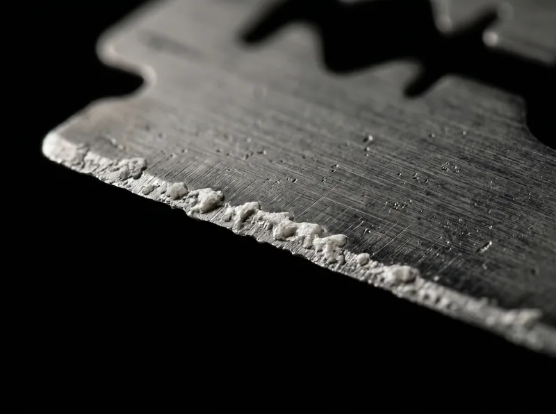 Microscopic view of razor blade edge with calcium carbonate deposits