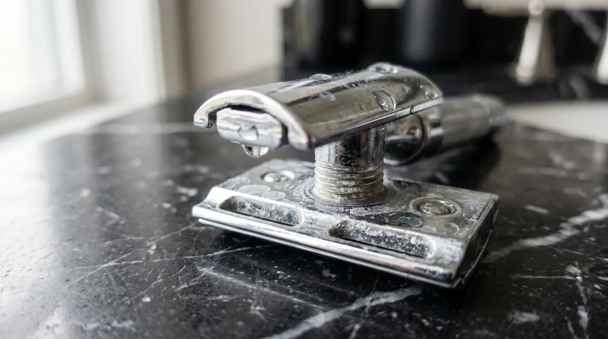 Close-up of safety razor blade with water droplets and white mineral deposits on chrome surface