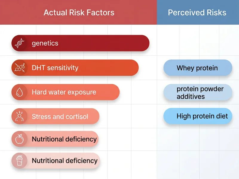 Infographic comparing actual hair loss risk factors versus perceived protein powder risks