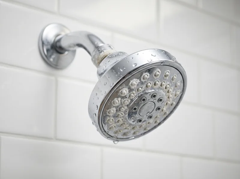 Gym shower head with mineral buildup and hard water stains visible on chrome surface
