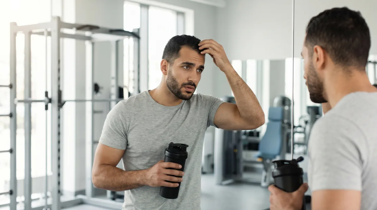 Man examining his hairline in mirror while holding protein shaker bottle in modern gym setting