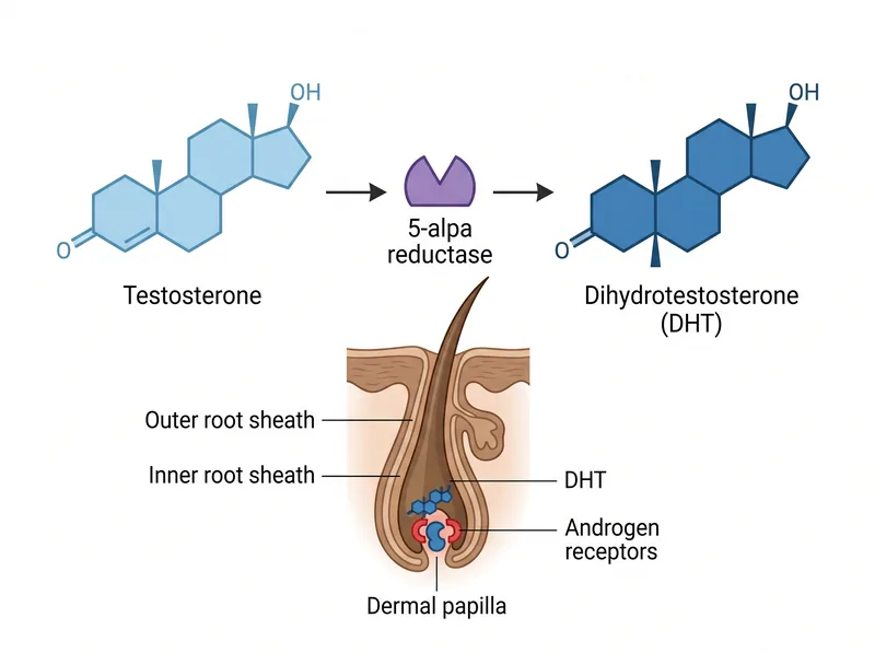 Scientific diagram showing testosterone to DHT conversion pathway and hair follicle interaction