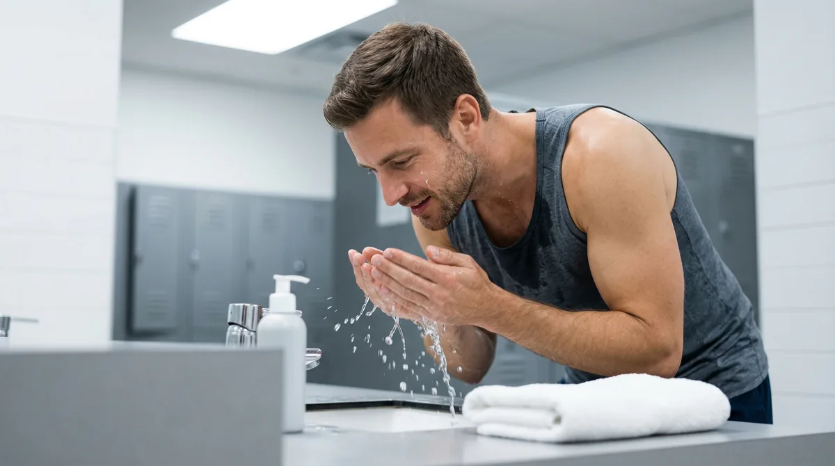 Man washing face at gym sink after intense workout session
