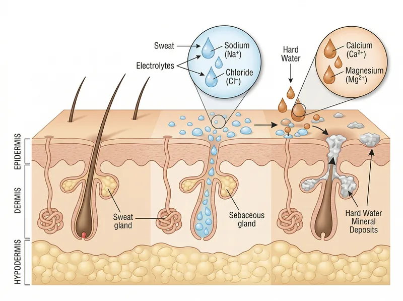 Scientific diagram showing how sweat minerals interact with hard water on skin